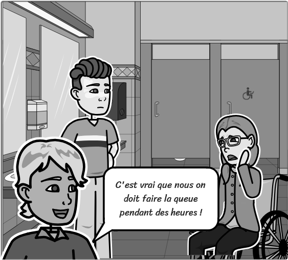 Bande dessinée noie et blanc Toilettes Fauteuil roulant